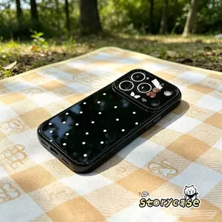 สำหรับ OPPO A58 A60 A3x A57 A38 A17 A15 A16 A16s A54s A74 A53 Reno4F เคสดำลายจุดขาว ลายหมีและโบว์ สไตล์หวานน่ารัก