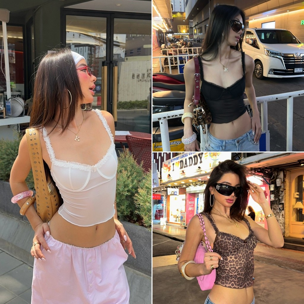 Bella shop เสื้อกล้ามผู้หญิง เสื้อครอปแขนกุดคอวี สไตล์สลิมฟิต ดีไซน์ขอบลูกไม้ แมทได้ทั้งกระโปรงและกางเกง