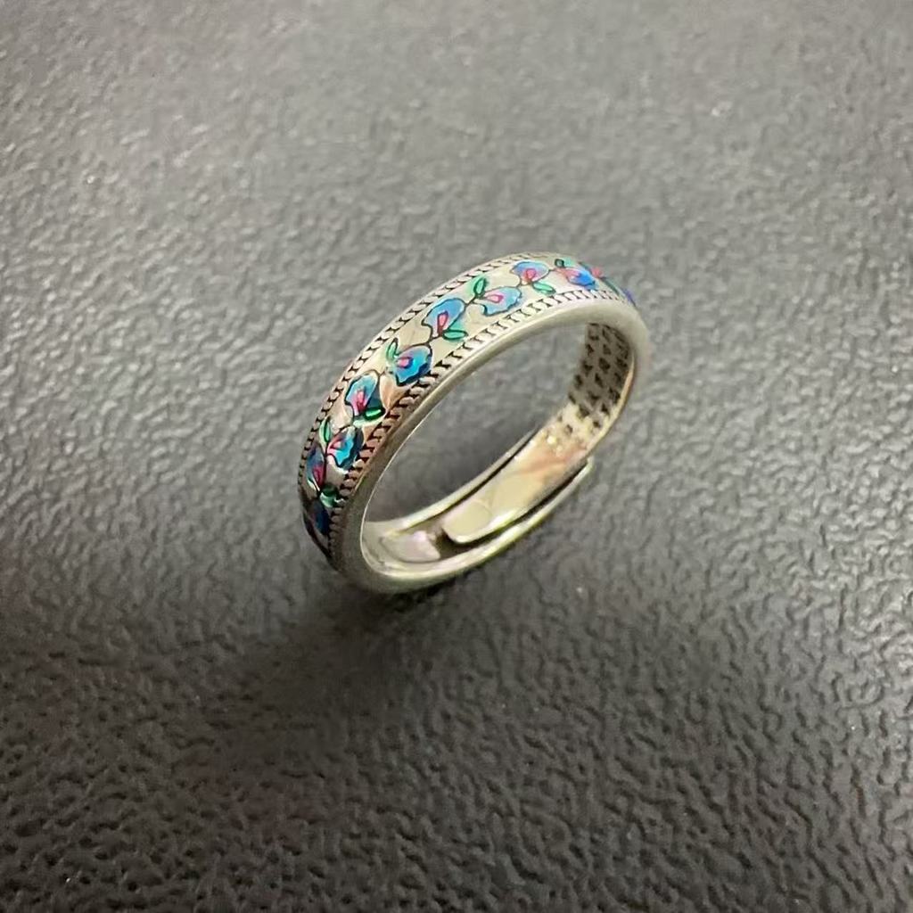 แฟชั่นที่เรียบง่ายเครื่องประดับมือ Cloisonne เคลือบแอปริคอทใบหัวใจพระสูตรแหวนสลักด้านในหัวใจพระสูตรวรรณกรรมสไตล์ซอกออกแบบแหวน