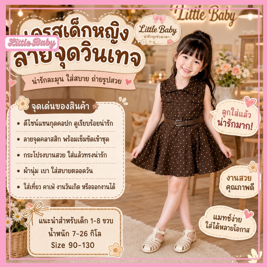เดรสเด็กหญิงลายจุดวินเทจ สไตล์เกาหลี ใส่แล้วน่ารักมาก น้ำหนัก 7-26 กิโล รหัสG26-5M33