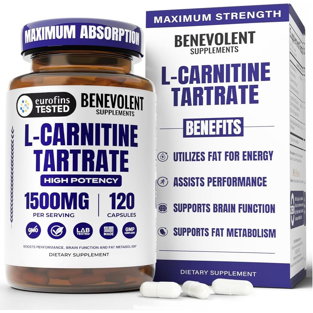 Benevolent L Carnitine อาหารเสริม - 1500mg L-Carnitine Tartre - ดูดซับเร็ว แปลงไขมันเป็นพลังงาน รองร