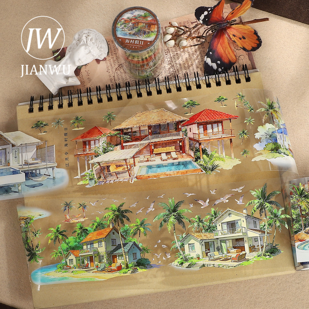 JIANWU 70 มม.* 5 M Vintage ฤดูร้อน Sea Holiday House ภูมิทัศน์วัสดุ Collage Scrapbooking PET เทป Creative DIY Journal เครื่องเขียน