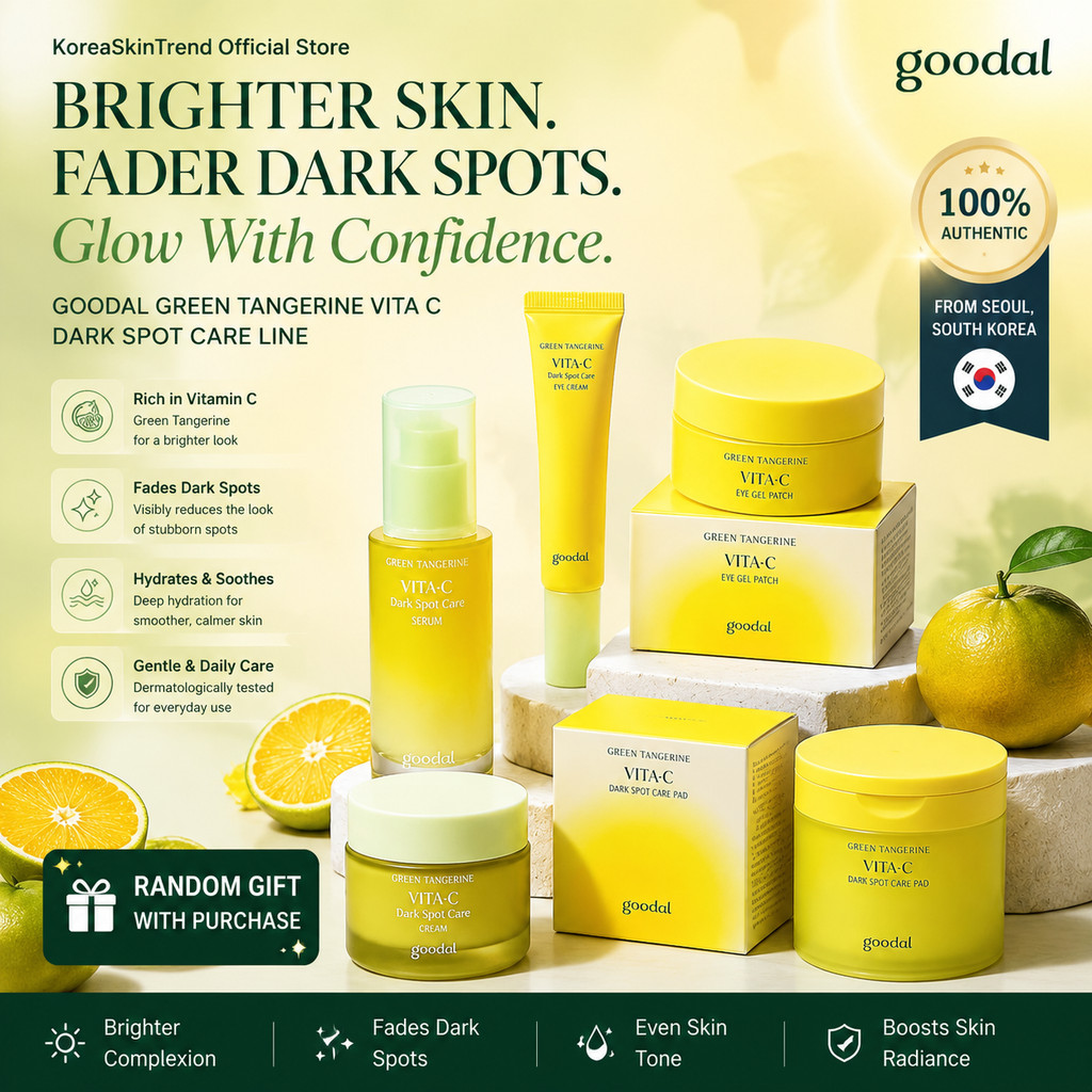Goodal Vitamin C Glow Collection – ชุดต่อต้านริ้วรอยและความกระจ่างใส 5 ชิ้น: เซรั่ม, ครีมบํารุงรอบดวงตา, แผ่นแปะ, แผ่น & ครีมทาหน้า
