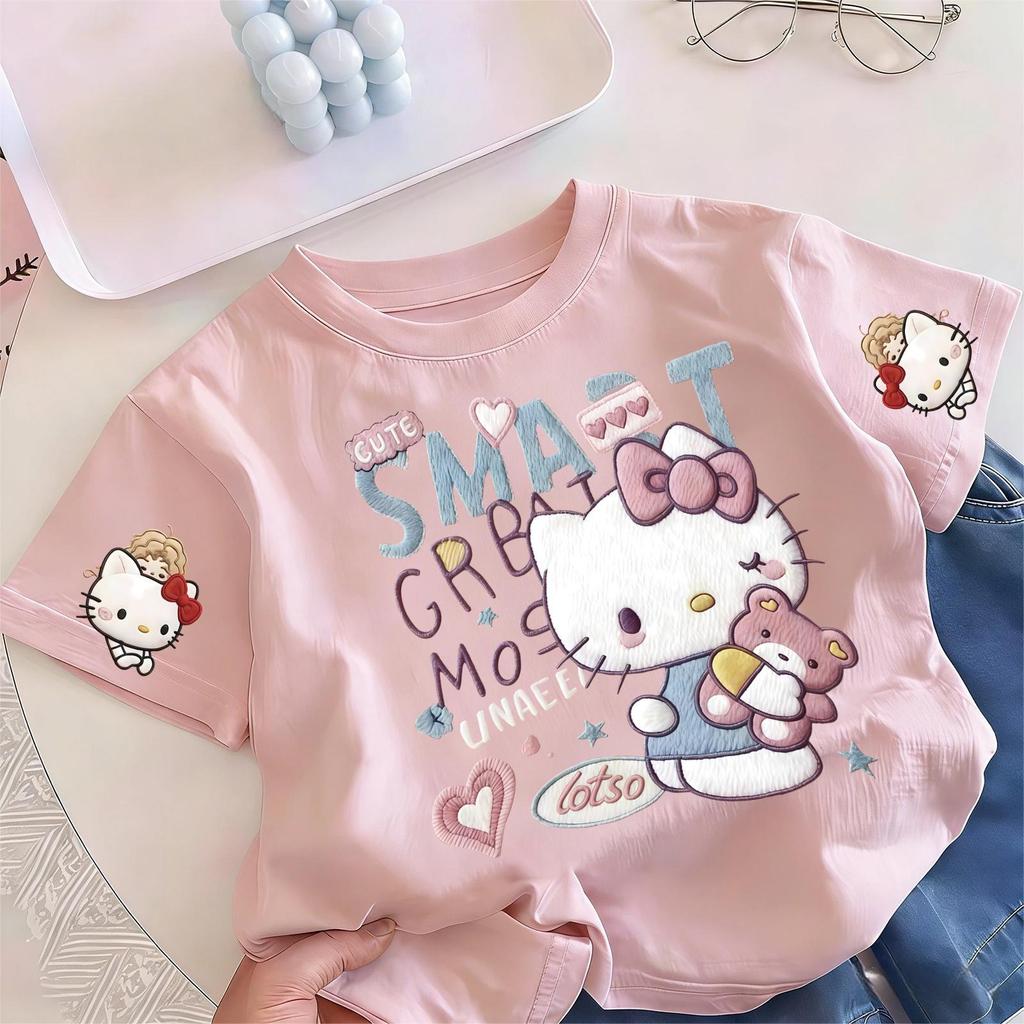 (ส่งเร็ว 24 ชม.)เสื้อยืดเด็กแขนสั้น Hello Kitty ผลิตจากผ้าฝ้าย 100% แฟชั่นฤดูร้อนใหม่ ทันสมัยและคุณภาพสูง พร้อมลายปักเลี