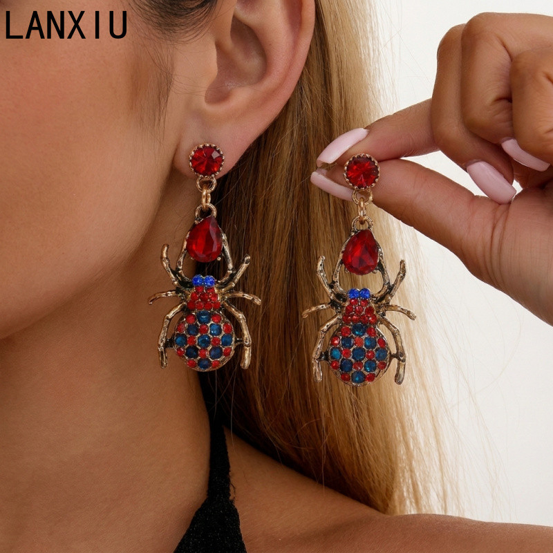 LANXIU ฮาโลวีน Dangle ต่างหู Rhinestone Spider ค้างคาวพู่โบว์ Spider Web Long Drop ต่างหู Dark Gothic Holiday Party หูเครื่องประดับสําหรับผู้หญิง