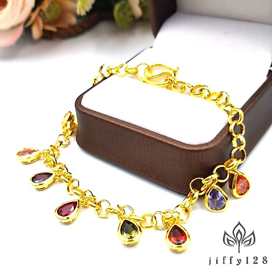 jewelryshop365 K413 สร้อยข้อมือนพเก้าห้อยตุ้งติ้งทรงหยดน้ำ ตะขอปั๊ม 92.5 งานทนใส่สวยไม่ลอก