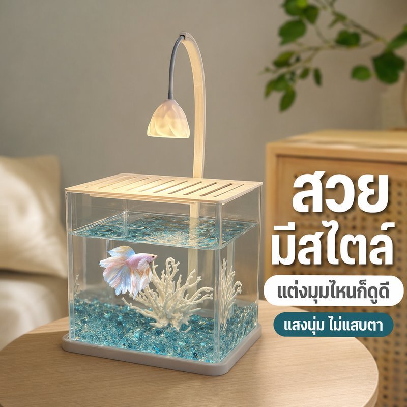 ตู้ปลากัด อะคริลิกใส ชุดตู้ปลา ตั้งโต๊ะ พร้อมไฟในตัว สำหรับห้องนั่งเล่น สำนักงาน ขนาดเล็ก