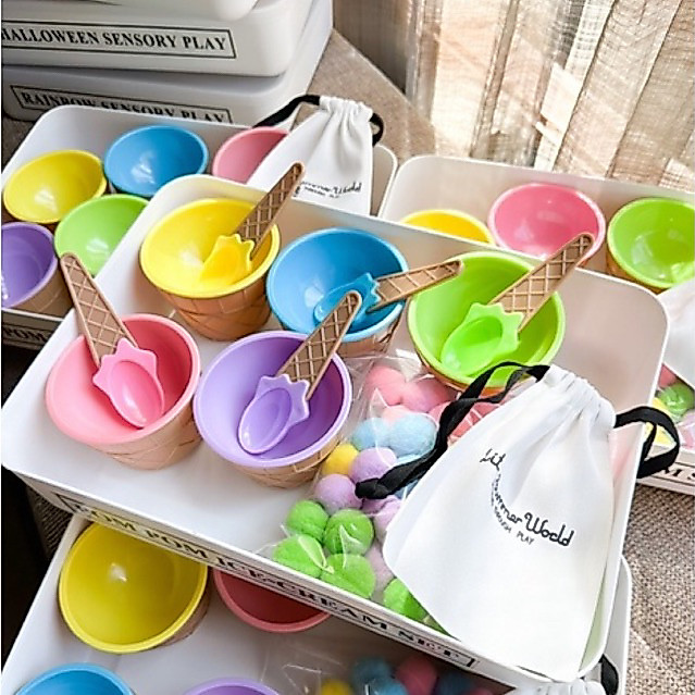🍡Sensory play กล่องกิจกรรม POM POM ICE-CREAM SET🍧 ปอมปอมพร้อมถ้วยแยกสี  (ได้ทั้งเซ็ตในภาพ)