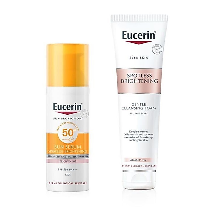 Eucerin Sun Double Brightening Serum 50ml. Free spotless brightening Foam 150ml. ยูเซอรีน ซัน ดับเบิ้ล + ฟรี โฟมล้างหน้า