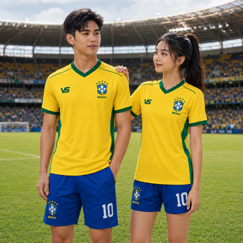 เสื้อฟุตบอลสไตล์บราซิล คอวีแขนสั้น ชายหญิง เสื้อเชียร์บอล ซ้อมกีฬา แห้งไว ระบายอากาศดี ใส่สบาย