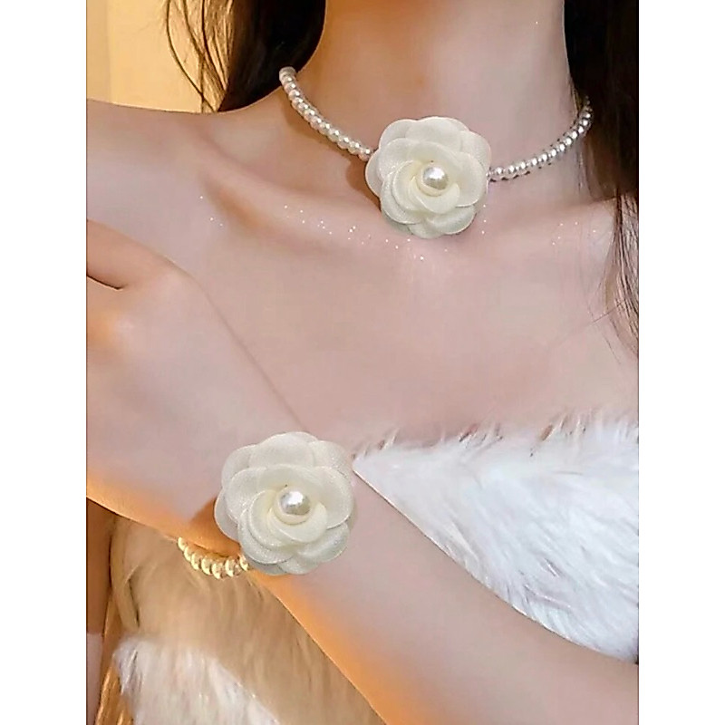 ชุดเครื่องประดับสร้อยคอ สร้อยข้อมือมุกจี้ดอกไม้ผ้าไหมแก้ว พร้อมส่ง