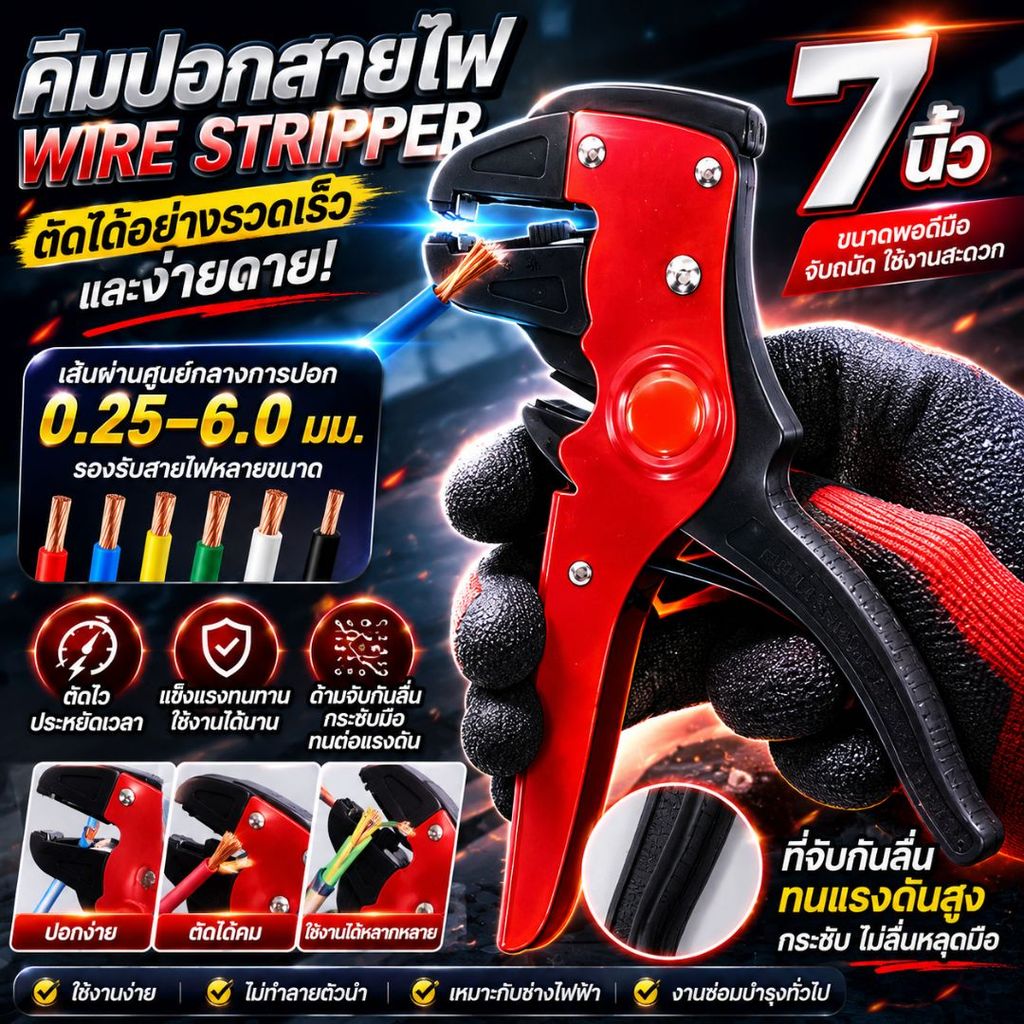 คีมปอกสายไฟ 0.5-6 มม. รองรับสายไฟหลายขนาด คีมตัดสายไฟมืออาชีพ แข็งแรง ไม่เป็นสนิม