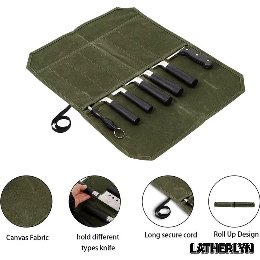 LATHERLYN Chef Tools Storage Bag, Portable 7 Slots Chef Tools Carrier, Wet Wax Canvas Waterproof Min