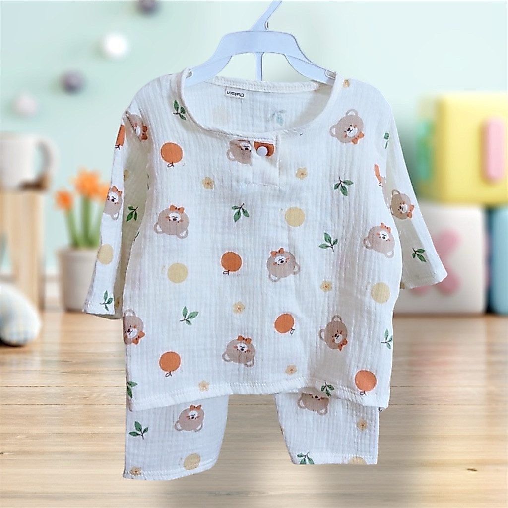 ชุดนอนเด็ก 5 ส่วน ผ้ามัสลินทอย่น เสื้อผ้าเด็ก เสื้อ+กางเกง ผ้านิ่ม ใส่สบายตัว อายุ 6-12 ขวบ