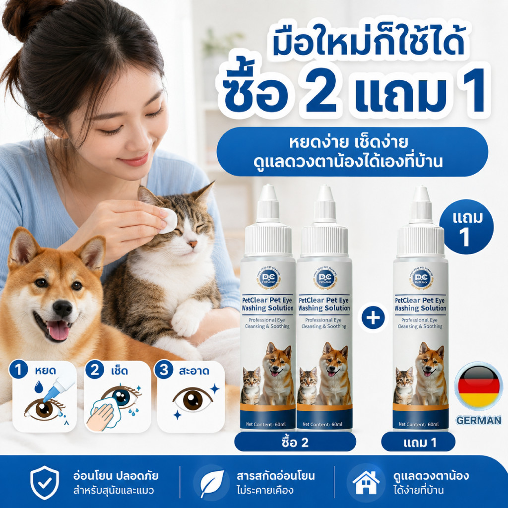 PetClear น้ำยาล้างตาสัตว์เลี้ยง 60ml สำหรับสุนัขและแมว เช็ดขี้ตา คราบน้ำตา อ่อนโยน