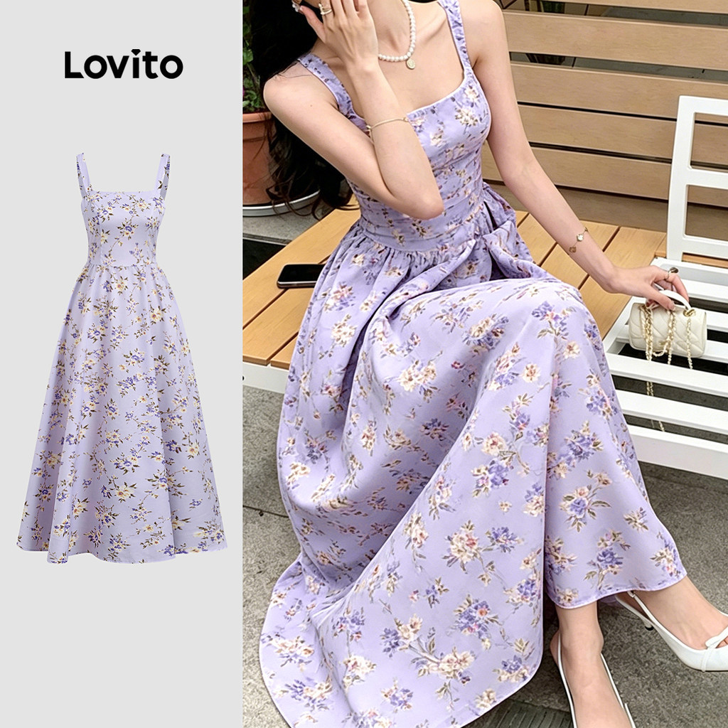 Lovito เดรสสีม่วงลายแพทเทิร์นแบบสบาย ๆ สําหรับผู้หญิง สไตล์รีสอร์ท ฤดูร้อน/ฤดูร้อน LK6AD107