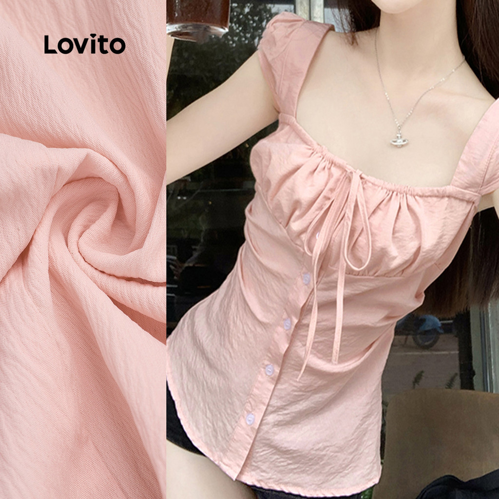 Lovito เสื้อเชิ้ตน่ารักผูกด้านหน้าและกระดุม สไตล์ผ่อนคลายฤดูใบไม้ผลิ/ฤดูร้อน เสื้อเชิ้ตสีชมพู L156AD190