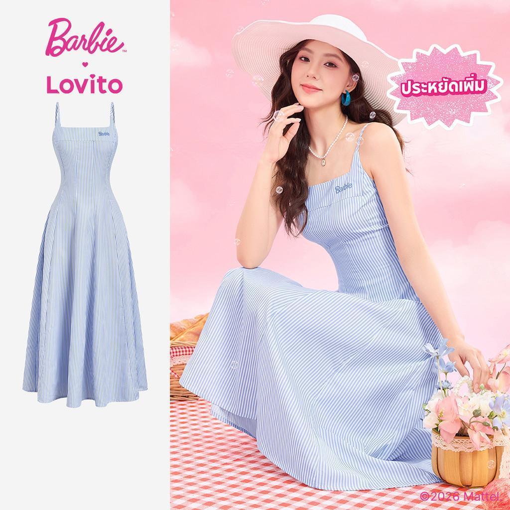 [Summer Sale] (New Arrival) Barbie™ X Lovito โบโฮ ชุดเดรสผู้หญิงฤดูร้อนสีฟ้าขาว มีระบาย สไตล์ลําลอง DRBL4PAD016