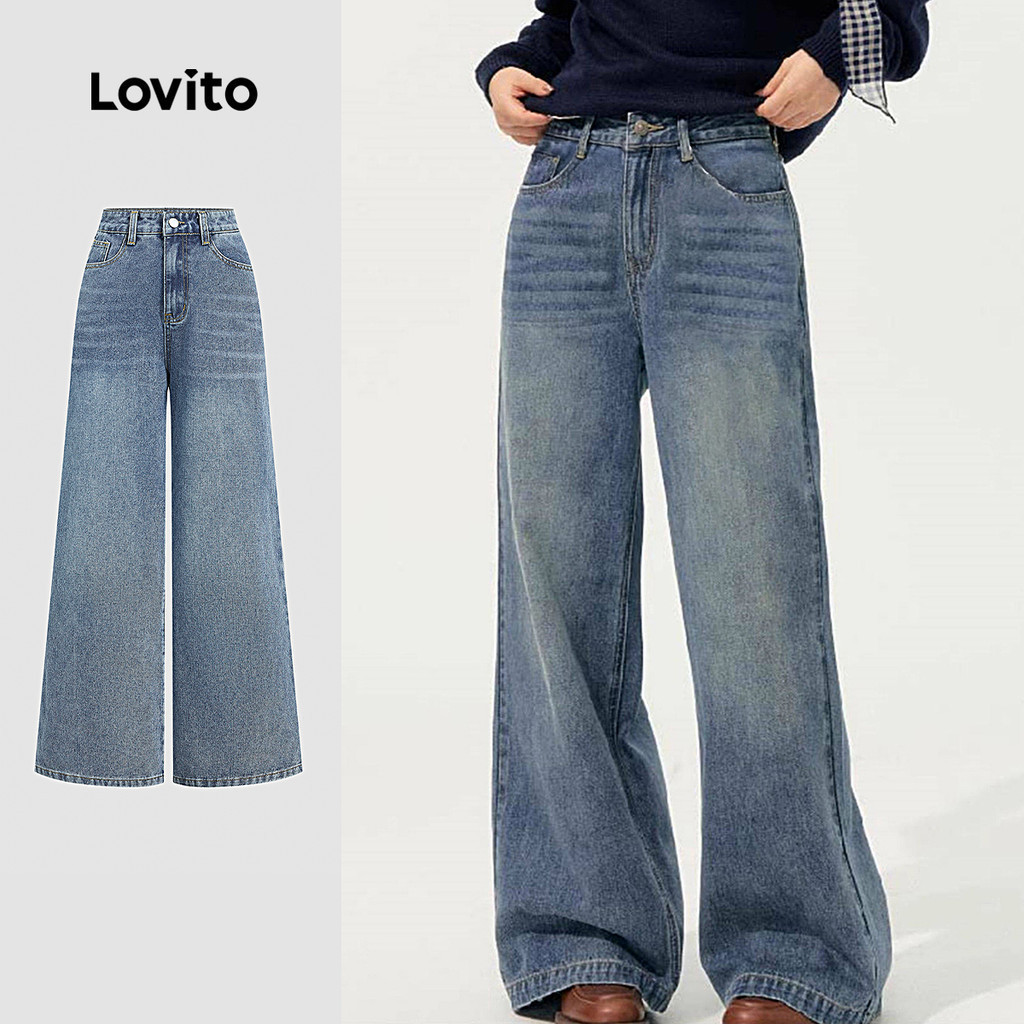 Lovito  กางเกงยีนส์ลําลองผู้หญิงสีน้ําเงินแบบเรียบง่าย L179AD120