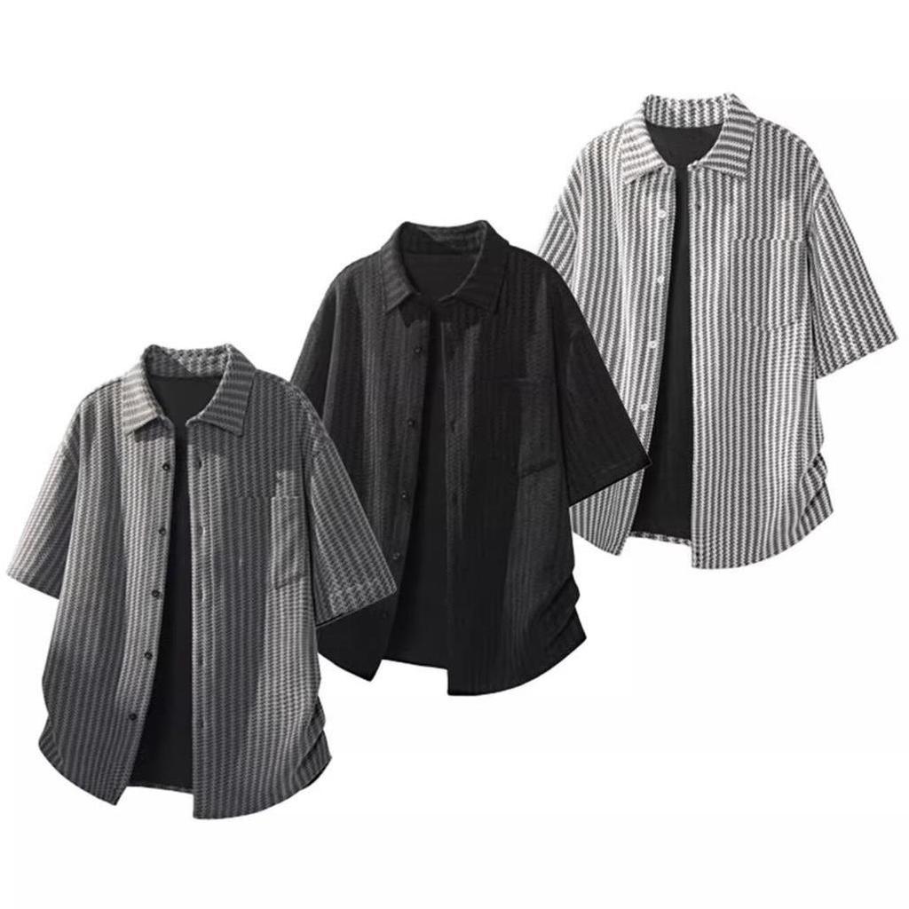 MNO.9 Shirt C28 เสื้อเชิ๊ต Oversize แขนสั้น เสื้อเชิ๊ตคอปก หน้าสั้นหลังยาว ผ้าTexture มีกระเป๋าหน้า Clothing Man ผู้ชาย