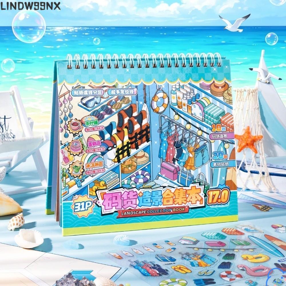 LINDW99NX สติ๊กเกอร์ทิวทัศน์, 10 ฉาก PET Sticker Book, Bakery Post Office Shop Scene Book ชุดว่ายน้ํ