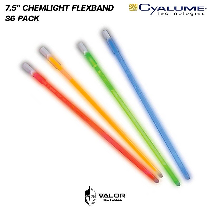 (หมดอายุ ไฟอ่อน) Cyalume - 7.5" ChemLight Flexband [36 PACK] แท่งเรืองแสง สีน้ำเงิน แดง เขียว แท่งไฟคอนเสิร์ต