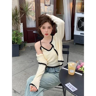 ใหม่เซ็ท เสื้อกล้ามสายเดี่ยวไหมพรม+เสื้อคลุมไหมพรม แขนยาวน่ารักมาก ผู้หญิง Clothing