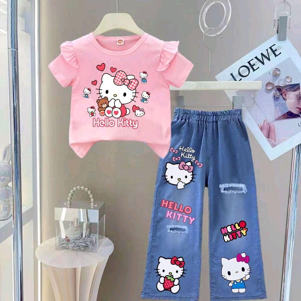 Pinkชุดเซ็ทกระแส ชุดเซ็ทเด็ก เสื้อแขนปีกนก+กางเกงยีนส์เทียม (ผ้าฝ้ายโพลี)
