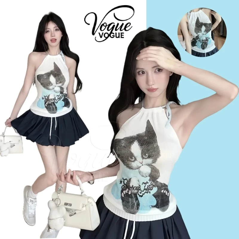 Vogue🌟พร้อมส่ง🌟 เสื้อสายเดี่ยว ลายน้องแมว สีขาวฟ้าน่ารักใส่ง่ายสบายมาก (FY7155)
