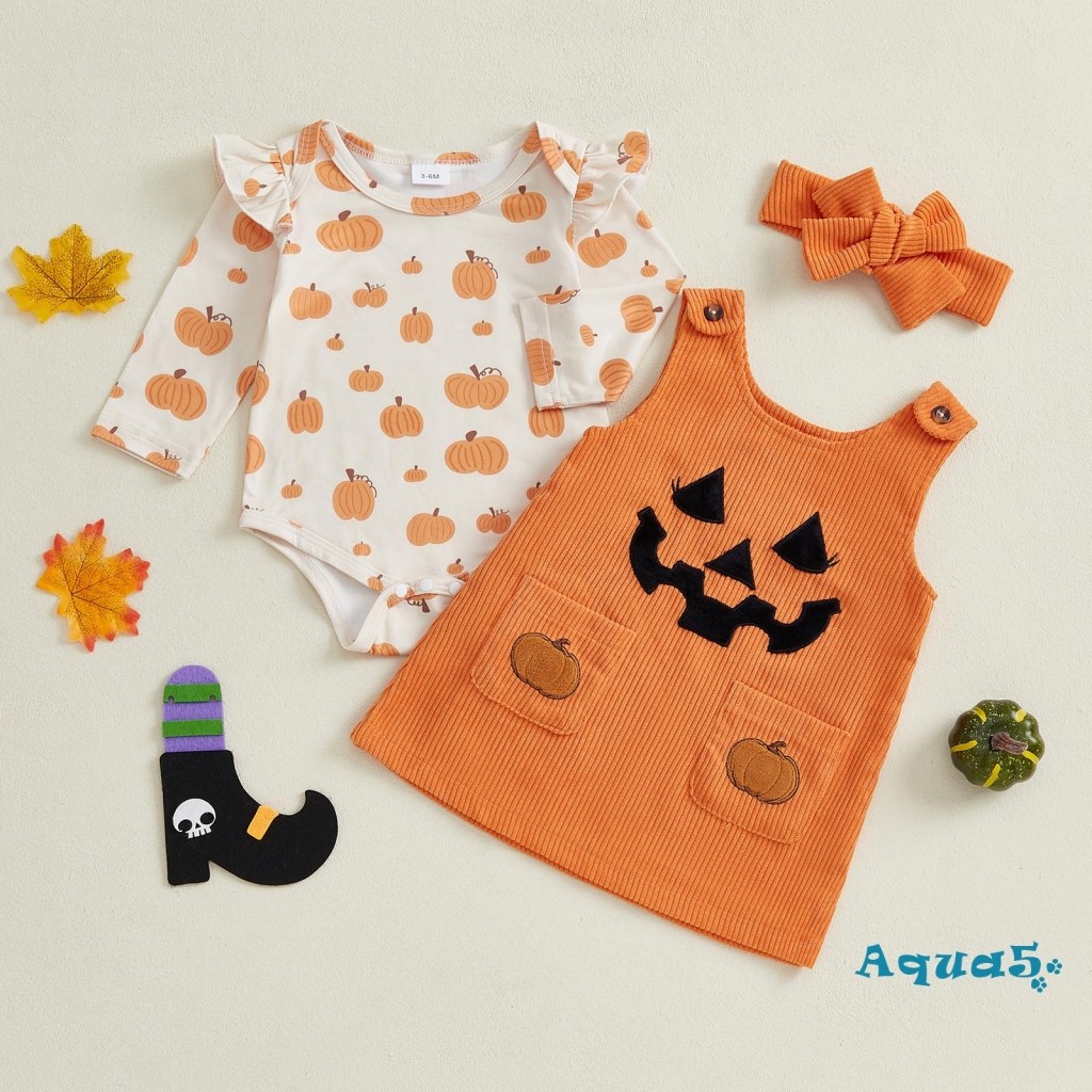ชุดฮัลโลวีนสำหรับเด็กหญิง แบบฟักทองแขนยาว พร้อมชุดคาดศีรษะ เหมาะสำหรับเด็กอายุ 0-18 เดือน