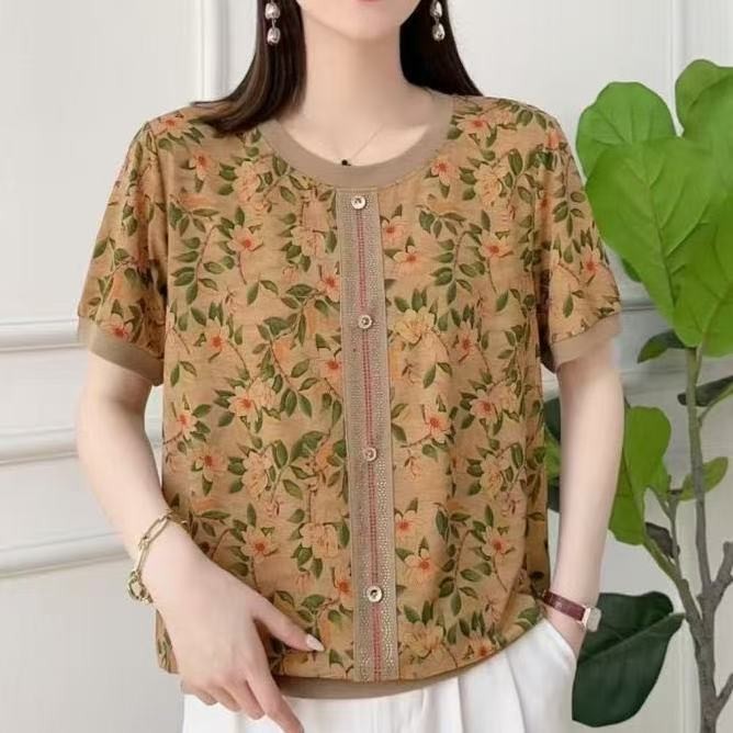 รอบคอแขนสั้น Slimmer ดูเสื้อรีดผ้าขนาดใหญ่เพชร All-Match กลางผู้สูงอายุ Top หลวมปกติแม่ 9.3 tg