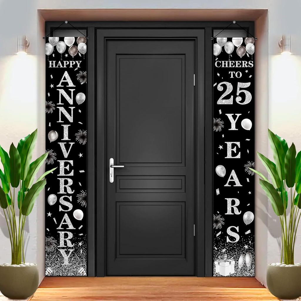 25th งานแต่งงานครบรอบตกแต่งสีดําเงิน Happy 25th Anniversary Porch Sign 25th Wedding Anniversary Bann