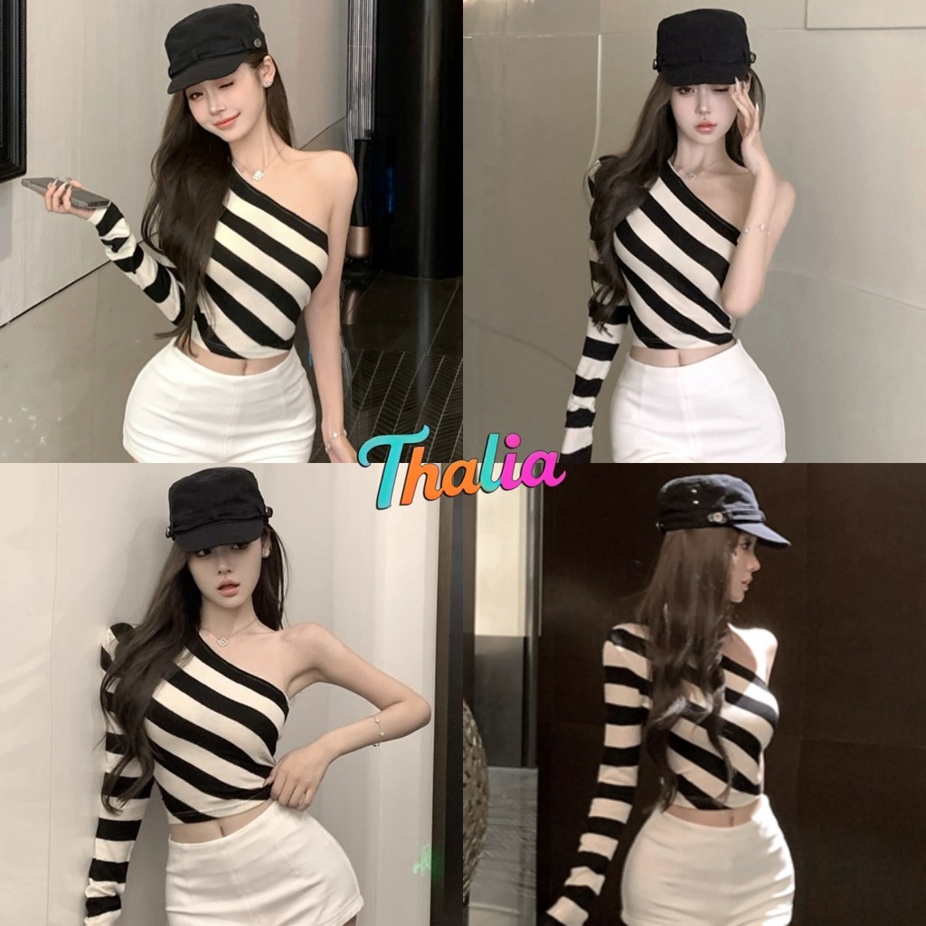 Thalia-​เสื้อเปิดไหล่ แขนยาว ไหมพรม ลายทาง slim fit เสื้อครอป สุดเซ็กซี่ เกาหลีมาก ใส่สบาย พร้อมส่ง