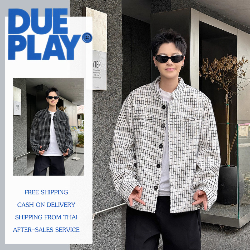 Dueplay เสื้อสูทลําลองไหล่สั้น ดีไซน์แฟชั่นสำหรับผู้ชาย พิมพ์ลายพันนกตาราง แจ็คเก็ตผู้ชายปกตั้ง