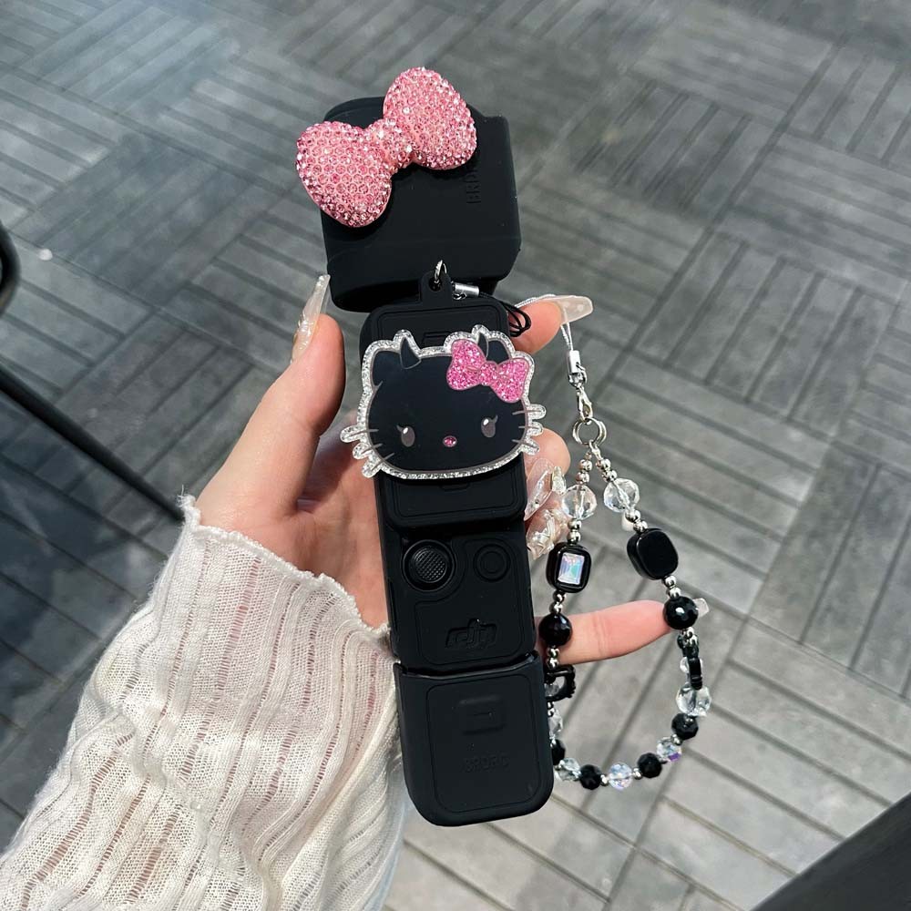 ฝาครอบป้องกันกล้องซิลิโคน hello kitty สีดําน่ารักสําหรับ DJI Pocket 3 Standard Combo พร้อมเชือกเส้นเล็ก