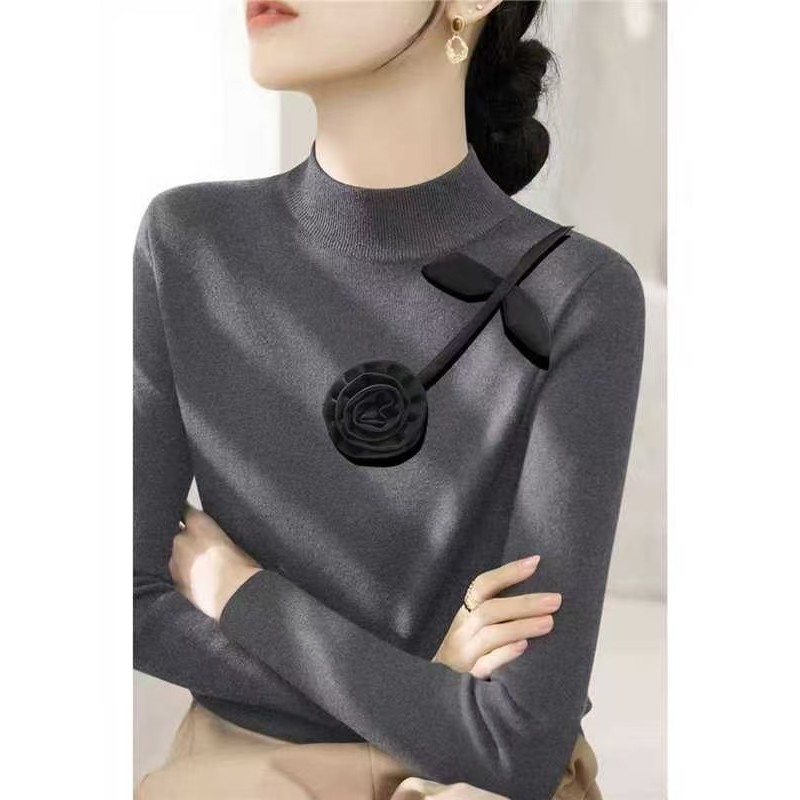 ฝรั่งเศสสามมิติดอกไม้ครึ่งคอเต่าถักเสื้อ จุดต่ําสุด ผู้หญิงต้นฤดูใบไม้ร่วงสวมใส่อารมณ์ระดับไฮเอนด์ที