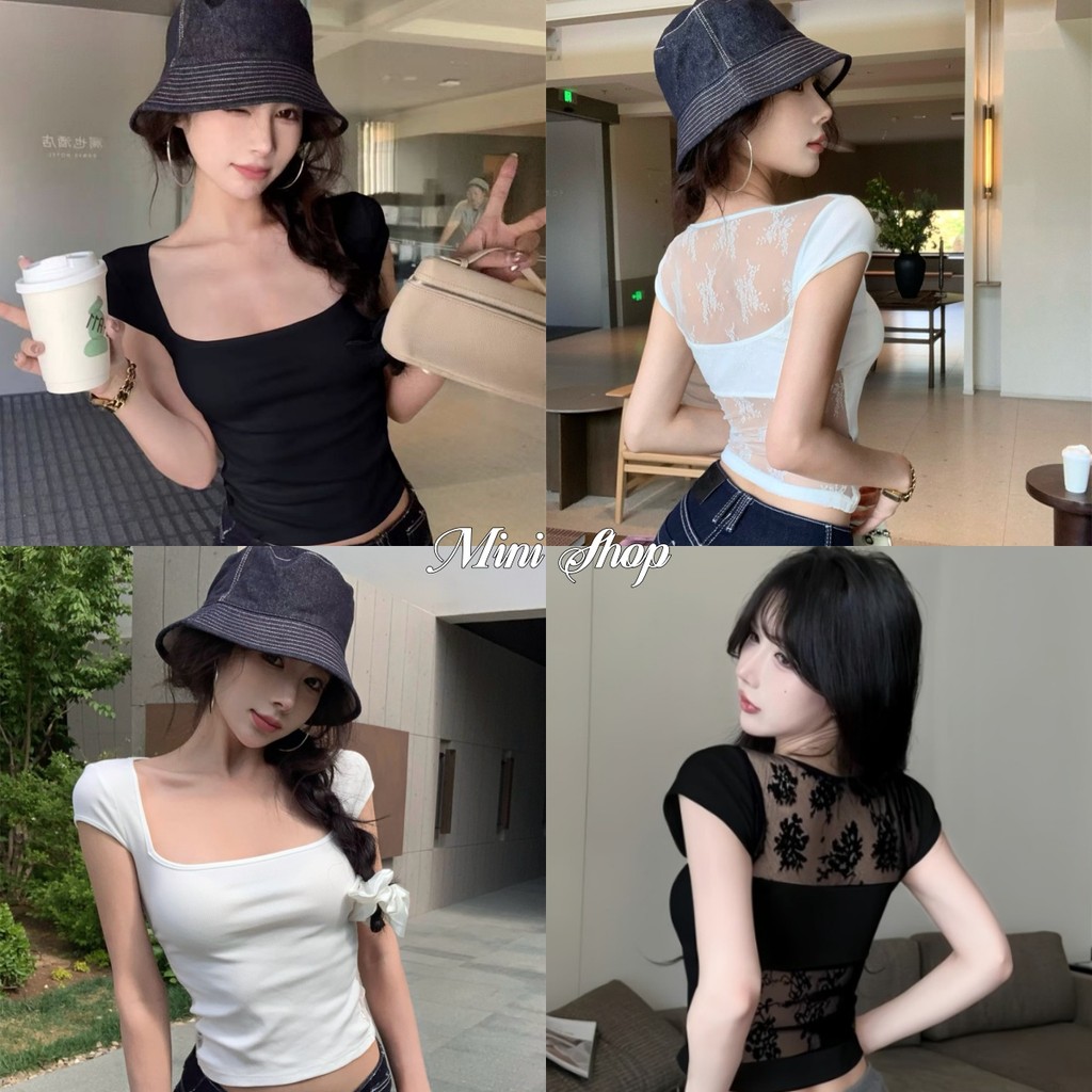 Mini shop พร้อมส่ง (FYA17) เสื้อยืดครอปแขนสั้น ดีเทลซีทรูลูกไม้ น่ารักไม่ไหวสีพื้น ใส่สบายมาก เซ็กซี่
