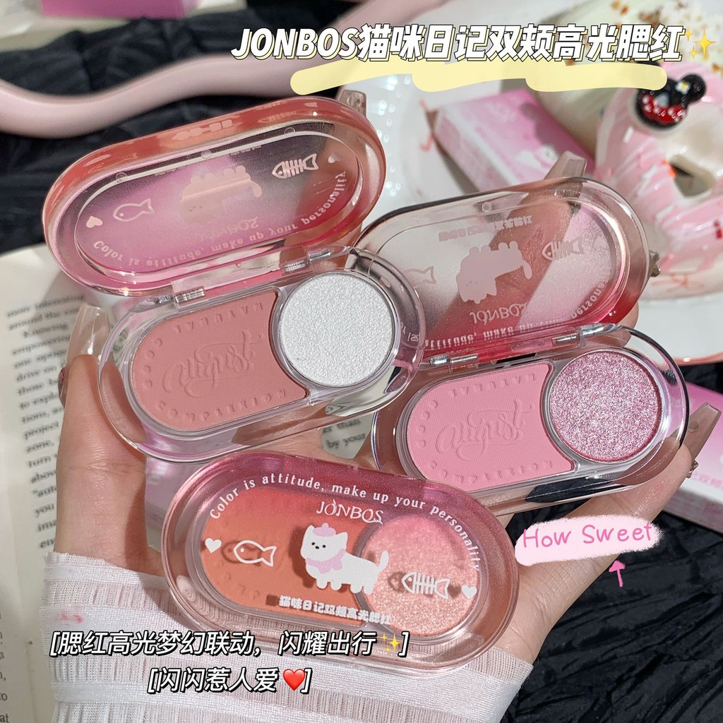 JOJO DIARY Whitening Shine Duo Blush Palette Velvet Mist Blusher Highlighter Palette Matte & Pearlescent Glitter Cheek Contour Shadow