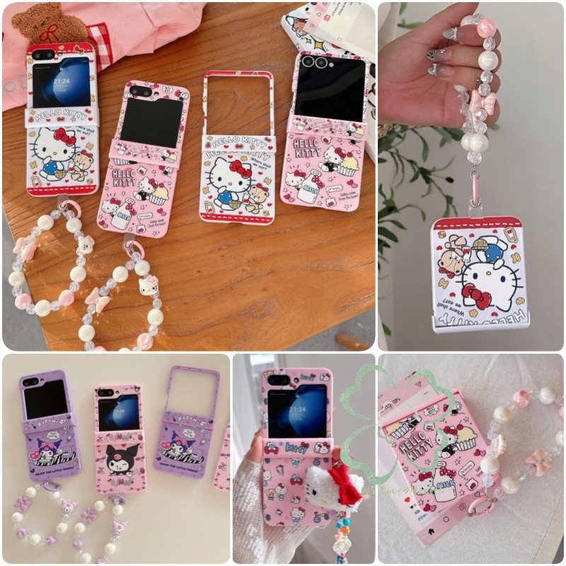 น่ารักการ์ตูนแมวบานพับกรณีเต็มรูปแบบสําหรับ Samsung Galaxy Z Flip 7 Z Flip 6 Z Flip 5 Z Flip 4/3 Candy สี Hard Casing พร้อมสร้อยข้อมือ