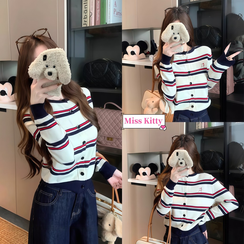 🎀Miss Kitty  สไตล์ลำลอง เสื้อไหมพรมแขนยาว คอกลม แต่งลายทาง น่ารักมากๆ ผ้านุ่มนิ่มใส่สบาย "Z-ZZ10"