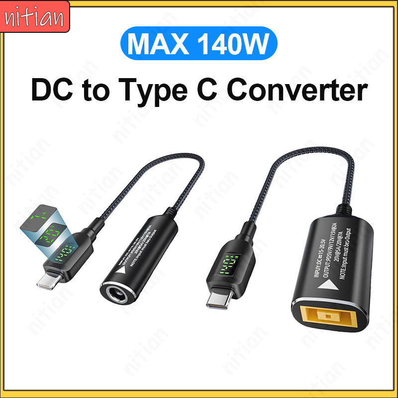 DC to Type-C Converter 140W Fast CHARGING Extension Cable Power Adapter Converter พร้อมจอแสดงผลดิจิตอล 5 V/9 V//12 V/15 V/20 V Multi แรงดันไฟฟ้าชาร์จสําหรับโทรศัพท์/แล็ปท็อป/แท็บเล็ต