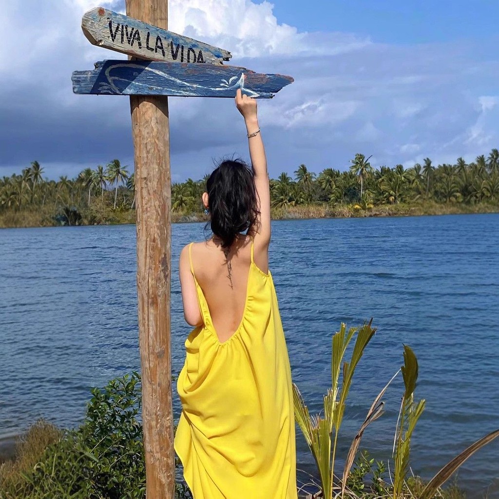 Beach Photo Super Fairy Yellow Strap Dress Yunnan Sanya Travel Outfit Long Dress Vacation Backless F