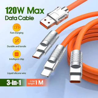 120W 3 in 1 สายชาร์จเร็ว ชาร์จเร็วมาก For ios Type C Micro USB Cable สายชาร์จซิลิโคนเหลว For Samsun Xiaomi