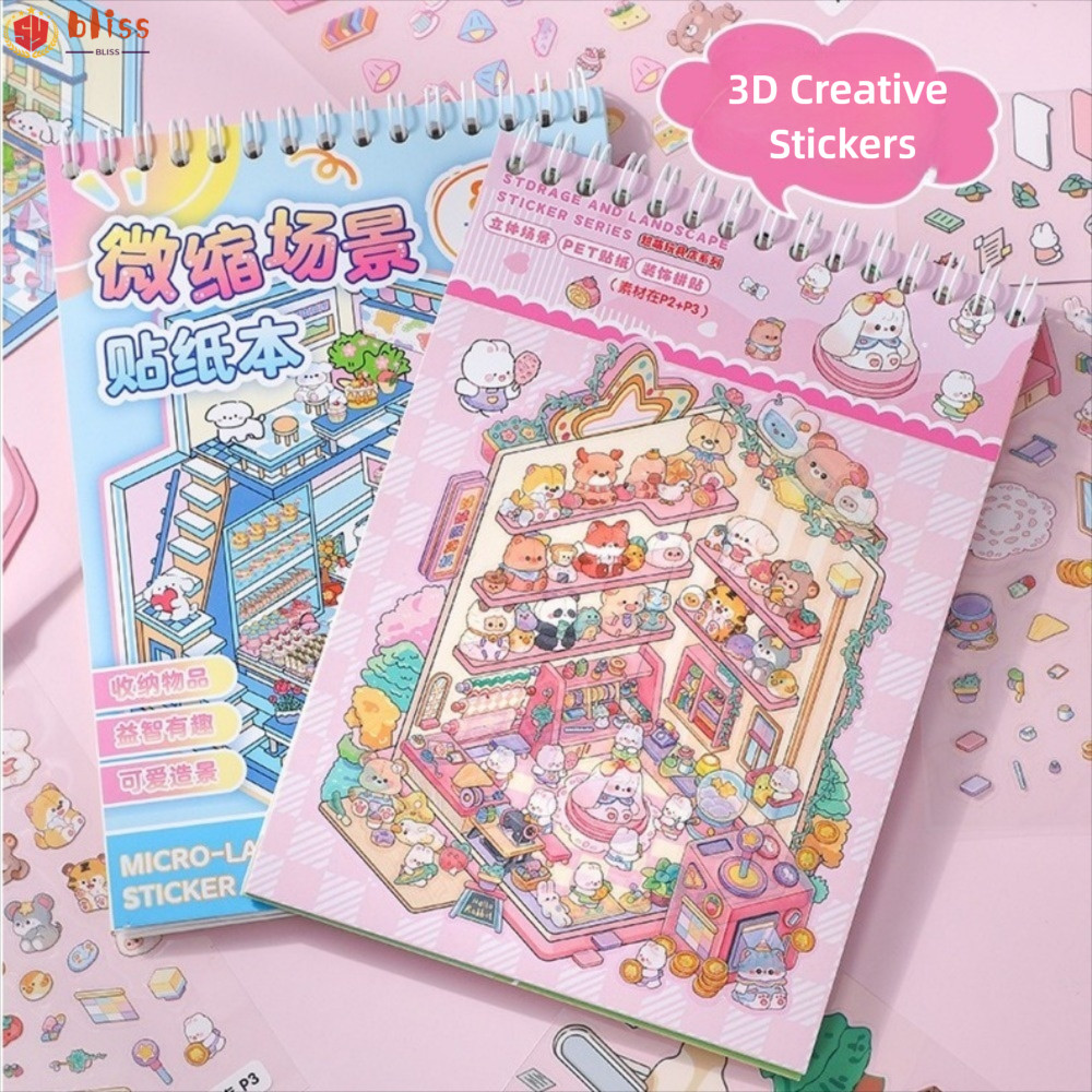 BLLISS Cabin Scene Pocket Sticker, Miniature House DIY Landscape Sticker Book, Creative Cartoon PET 