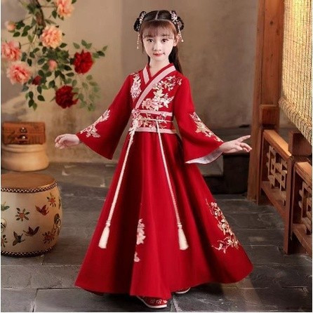 ชุดจีนเด็กผู้หญิงโต ชุด Hanfu สไตล์ Princess Fairy ลายเชอร์รี่บลอสซัม สำหรับเด็กและสาวในฤดูหน ชุดฮันฟูเด็กผู้หญิง