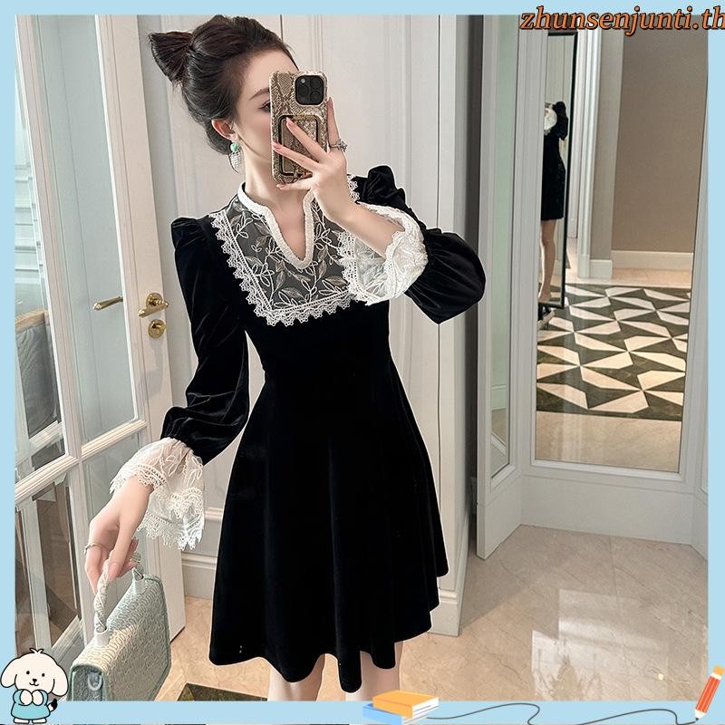 จ่า หลีกเลี่ยง เดรสผู้หญิง เดรสคอวี เดรสทรงเอ เดรสกํามะหยี่ เดรสทํางาน ชุดเดรสรู้สึก ชุดเดรสวินเทจ ช