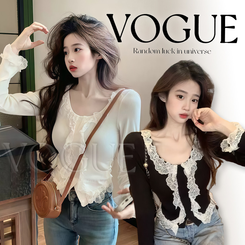 Vogue🌟พร้อมส่ง🌟 เสื้แขนยาวคอกลม แต่งดีเทลลายลูกไม้ ผ้านิ่มสีพื้น (FY442)