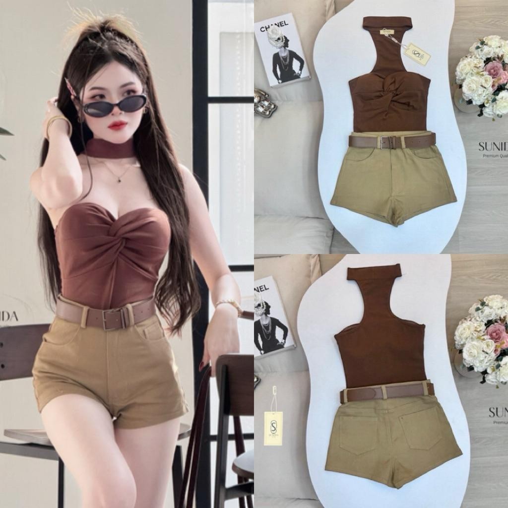 Hi_So sunida27 ชุดเซต3 ชิ้น บอดี้สูทสีน้ำตาลคล้องคอหน้าอกเสริมฟองนมมีกันลื่นรอบอก ผ้ายืดได้ hs.