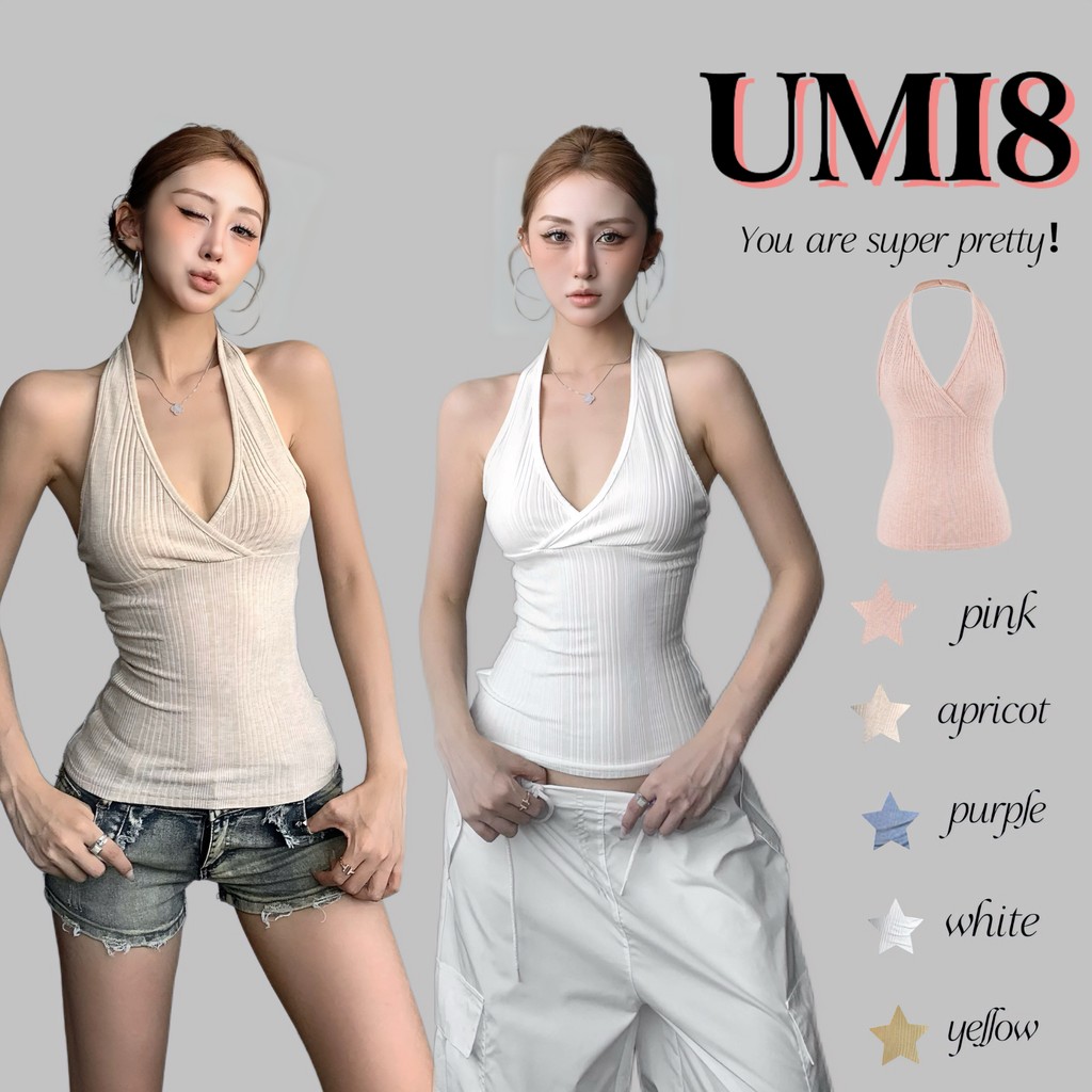 UMI8💝【ในสต็อก】💝เสื้อกล้ามคอวีสไตล์เรโทรอเมริกันสุดเซ็กซี่สำหรับผู้หญิงในช่วงฤดูร้อน เสื้อครอปเปิดหลังตัวใหม่ขายดี