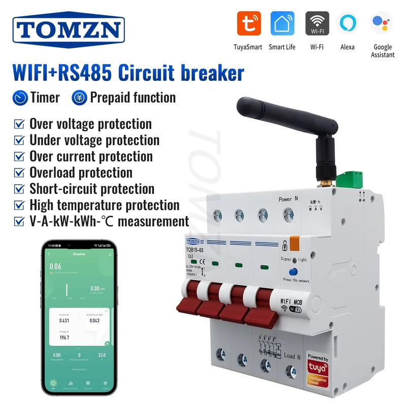 TOMZN Three-phase 3IN1 WIFI Smart Circuit Breaker 4P Energy Meter RS485 TUYA Prepaid Function Overlo